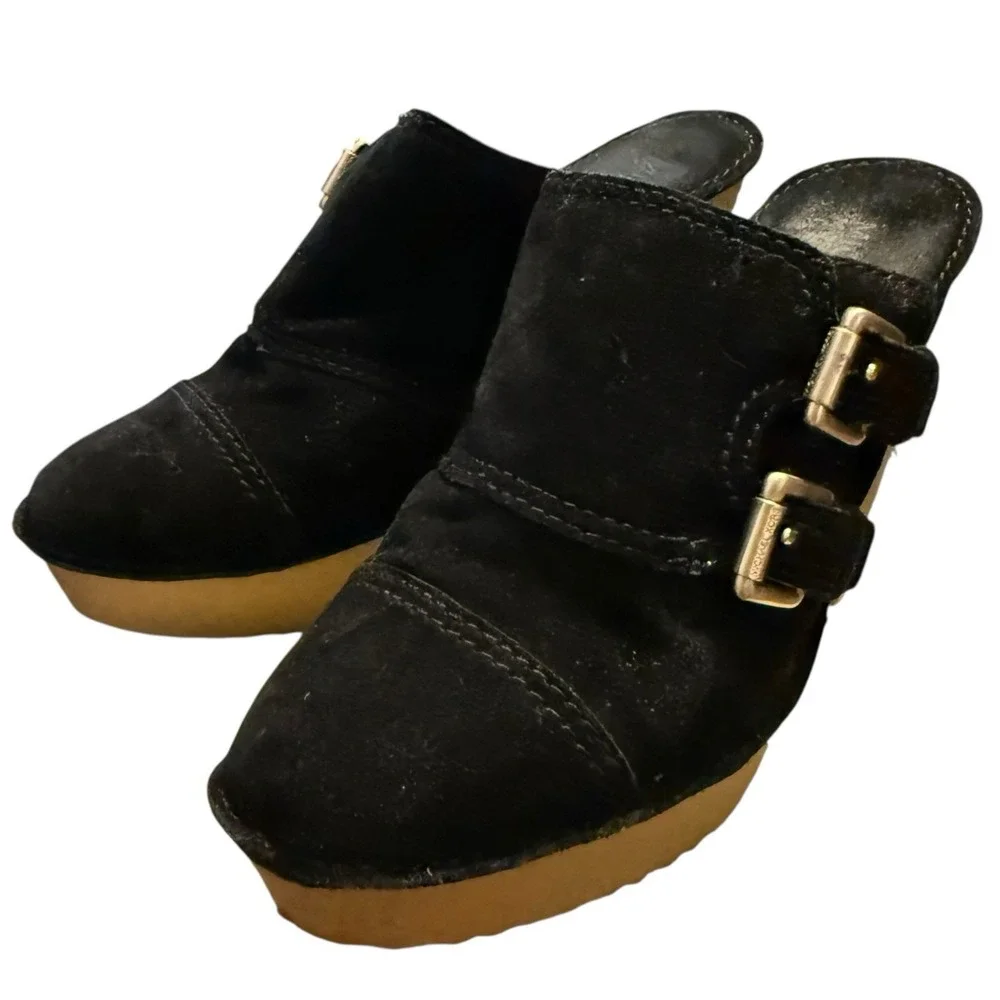 Michael Michael Kors McGraw Double Black Suede Mules Heeled Size 7 Slip On